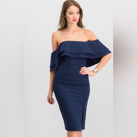 Women Ruffled Off,The,Shoulder Bodycon Dress, Navy size US 10/L - Picture 2 of 9